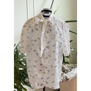 Vintage Tie Neck Ascot Bow Tie Blouse Button Down Shirt Blouse Size 14